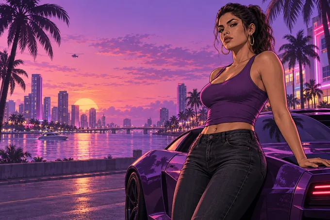 Lucia beside a purple sports car at dusk with palm trees and a violet city skyline