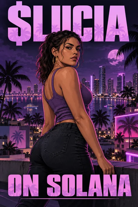 Lucia rooftop campaign poster with $LUCIA and ON SOLANA typography over a purple night city