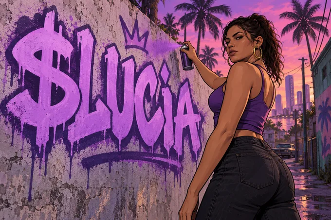 Lucia spray-painting $LUCIA in purple on a concrete street wall at sunset